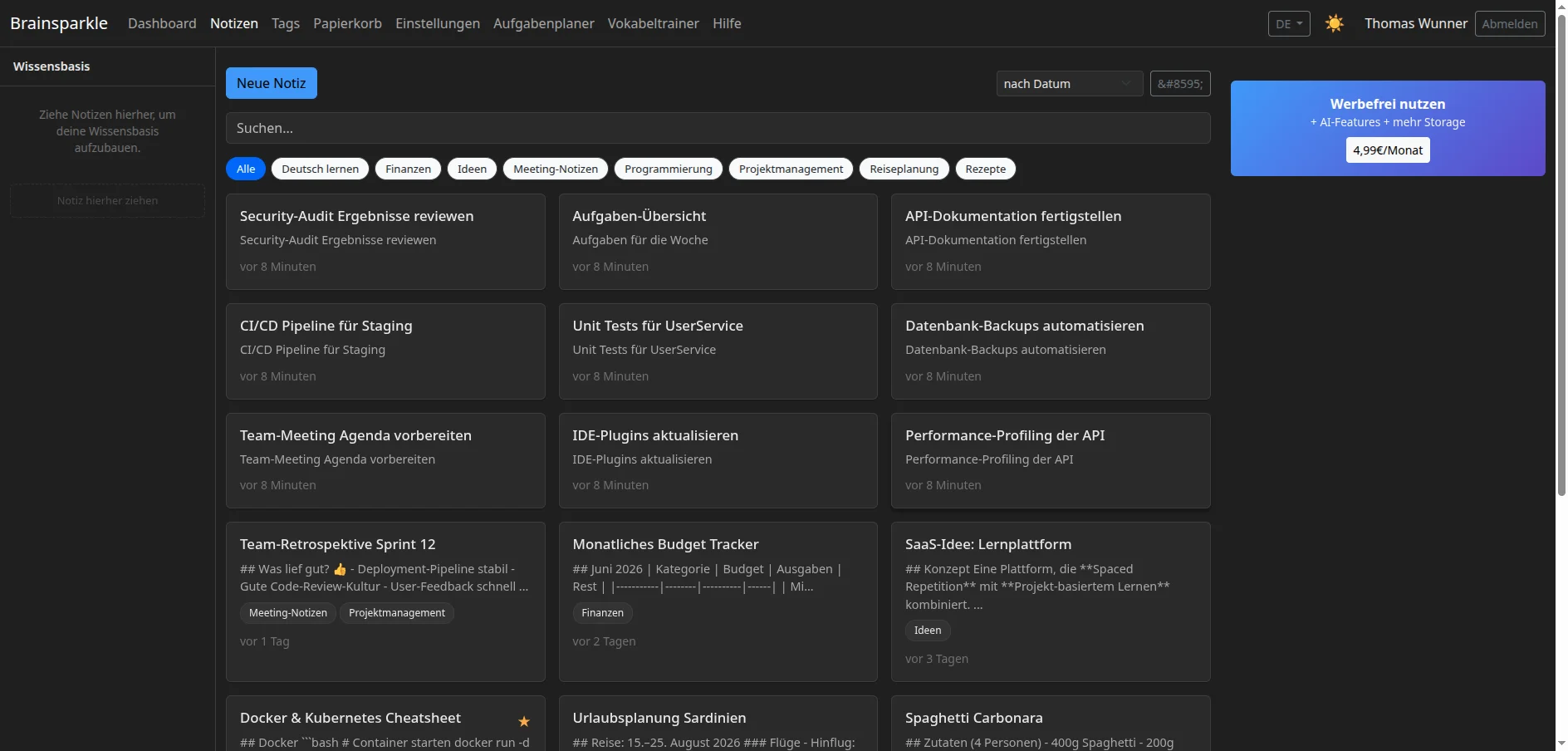 Vista geral das notas Brainsparkle com tags e pre-visualizacao